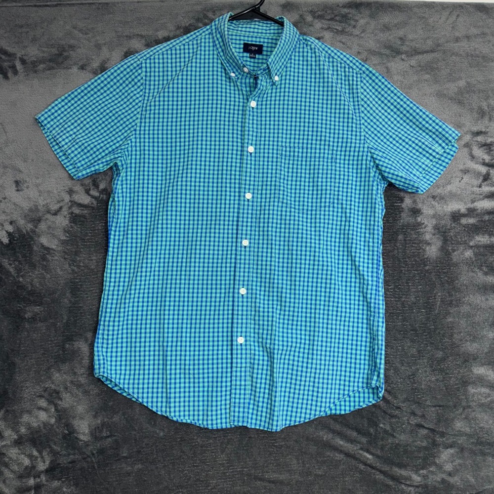 Men's Medium J.Crew Button Down Shirt Blue Green Gingham Short Sleeve Plaid